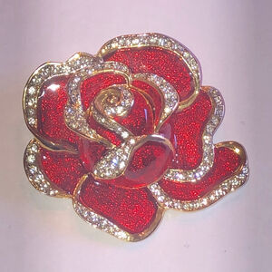 Angel Brand Elegant Vintage Red Enamel CZ Rhinestone Retro Boho Rose Brooch